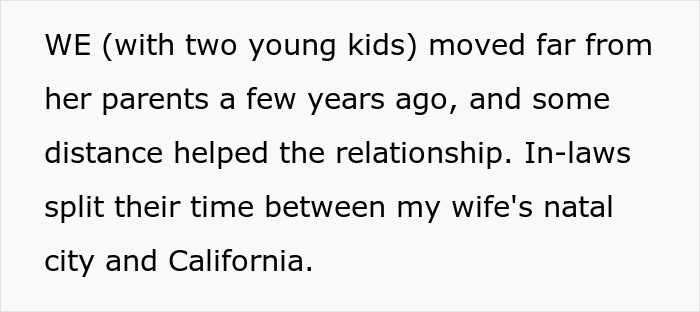 Text detailing a family's move to distance themselves from in-laws, improving relationships by living far from partner&rsquo;s parents.