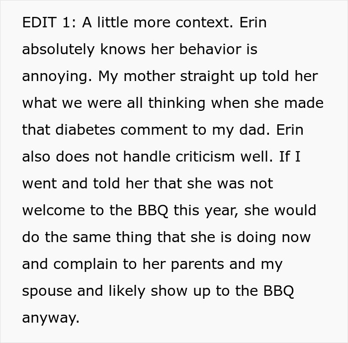 Text screenshot discussing a vegan SIL's behavior and family BBQ issues. Text screenshot discussing a vegan SIL's behavior and family BBQ issues.