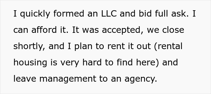 Text detailing a partner forming an LLC and outbidding in-laws to manage rental housing.