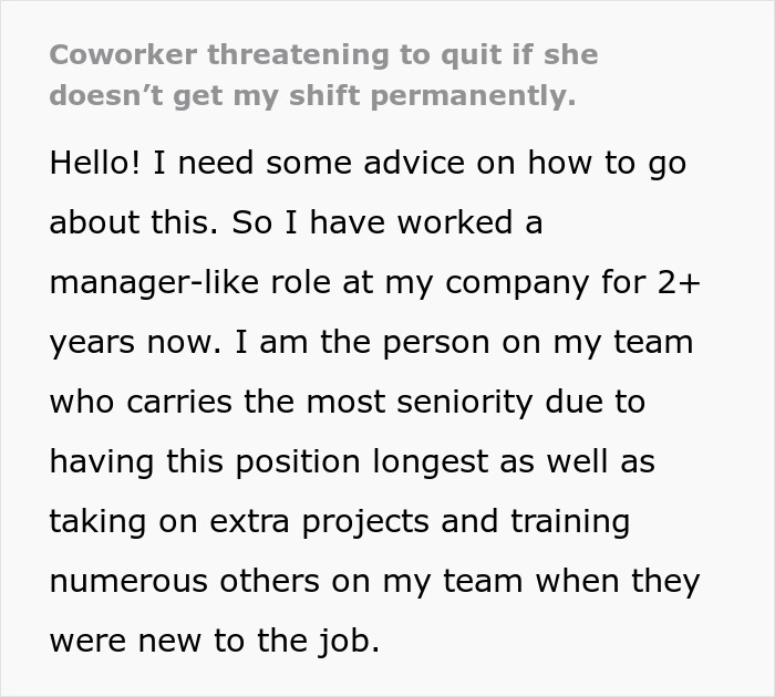 Text about a woman's dilemma with a colleague threatening to quit over graveyard shift concerns.