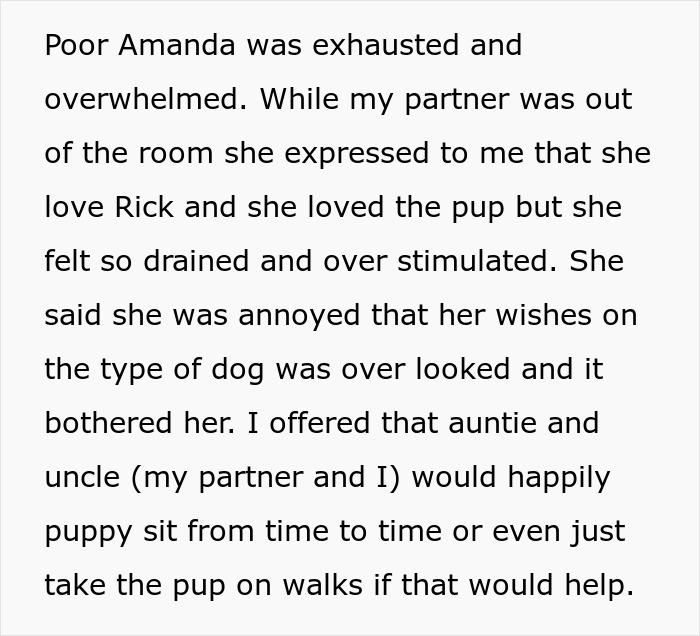 Text discussing a woman's feelings after a man gets a dog to test her suitability as a mother. Text discussing a woman's feelings after a man gets a dog to test her suitability as a mother.