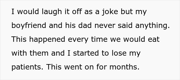 Text about laughing off a joke, boyfriend and dad, repeated dining discomfort. Text about laughing off a joke, boyfriend and dad, repeated dining discomfort.
