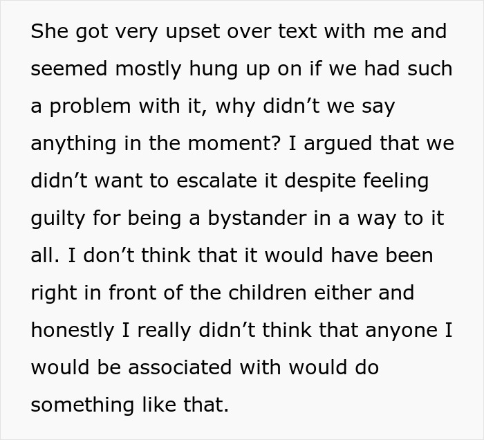 Text discussing a woman's guilt over being a bystander to an offensive tattoo revelation. Text discussing a woman's guilt over being a bystander to an offensive tattoo revelation.