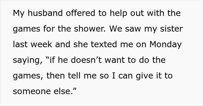 Text conversation about a baby shower revealing family entitlement issues. Text conversation about a baby shower revealing family entitlement issues.