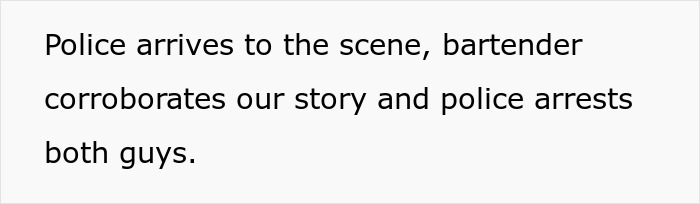 Text describing a police scene where bartender corroborates story leading to arrests, related to hate crime charge.