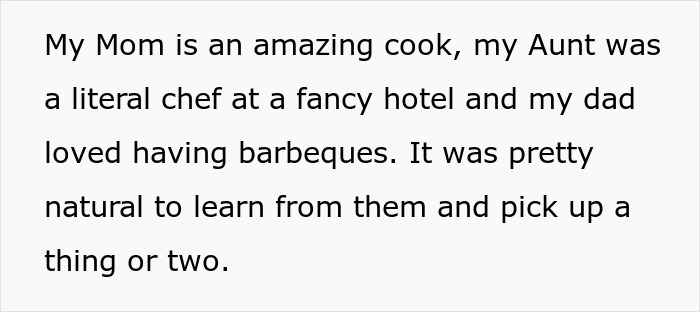 Text from a husband's response about his family being great cooks, related to "unhelpful" claims.