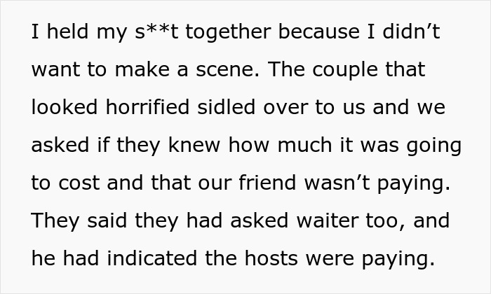 Text describing shock at a $200 bill at a friend's fancy dinner party, initially thought hosts were paying. Text describing shock at a $200 bill at a friend's fancy dinner party, initially thought hosts were paying.