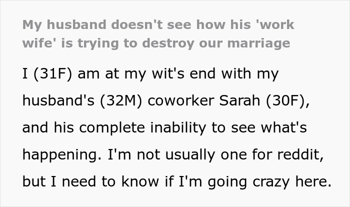 Text about a husband's 'work wife' making his real wife feel excluded, shared on a discussion forum.