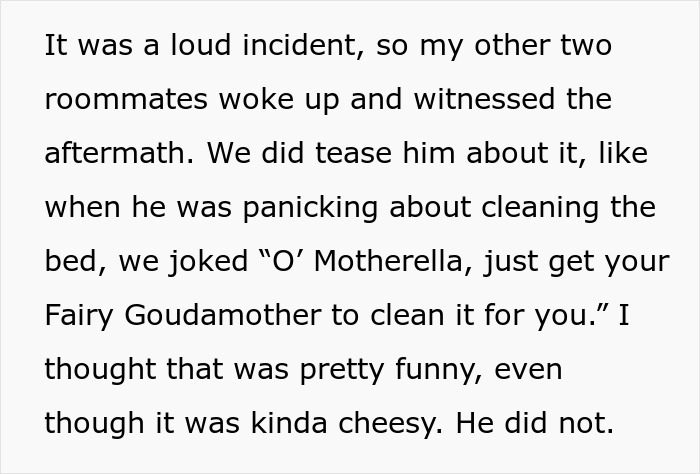 Text about a roommate incident involving teasing and cheese jokes, mentioning "Motherella" and "Fairy Goudamother. Text about a roommate incident involving teasing and cheese jokes, mentioning "Motherella" and "Fairy Goudamother.