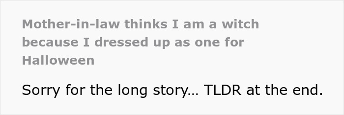Text about mother-in-law believing daughter-in-law is a witch for Halloween costume. Text about mother-in-law believing daughter-in-law is a witch for Halloween costume.