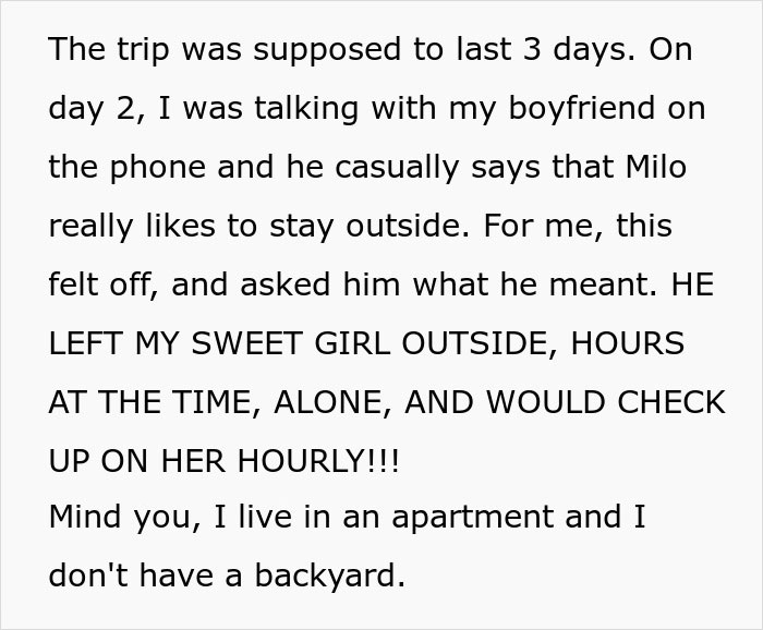 Text screenshot about a woman's dog getting lost, with boyfriend's careless excuse.