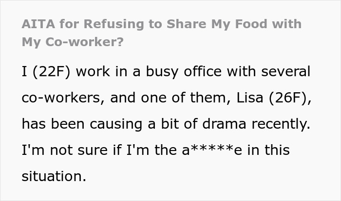 Text discussing office drama over sharing food with coworkers, questioning the importance of "team spirit.