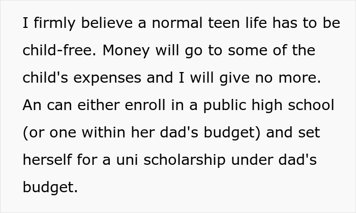 Text discusses not supporting a teen mom financially, impacting college fund opportunities from stepmother.