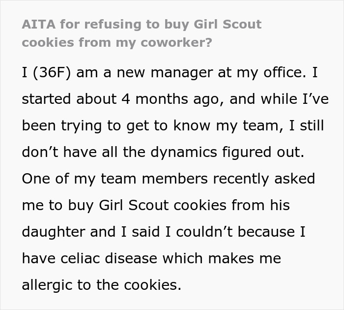 Text about manager refusing Girl Scout cookies due to celiac, highlighting guilt trip by coworker. Text about manager refusing Girl Scout cookies due to celiac, highlighting guilt trip by coworker.