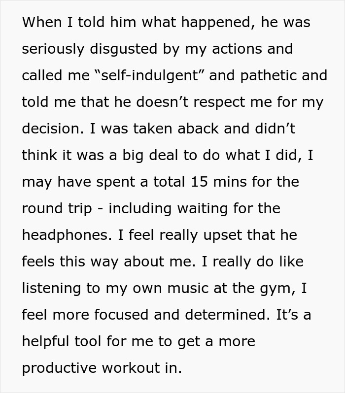 Text describing a wife's feelings after being called self-indulgent for using headphones at the gym.