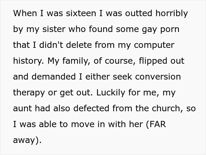 Text about a teen outed by a sibling, facing family rejection, and moving in with an aunt who left the church.