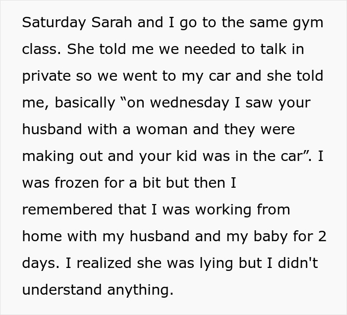 Text revealing a friend's false claim about a husband making out with a woman; the lie is uncovered. Text revealing a friend's false claim about a husband making out with a woman; the lie is uncovered.
