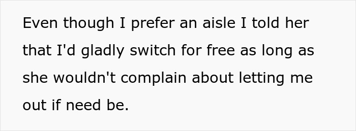 Text excerpt about switching plane seats; elderly woman offers money for seat exchange. Text excerpt about switching plane seats; elderly woman offers money for seat exchange.