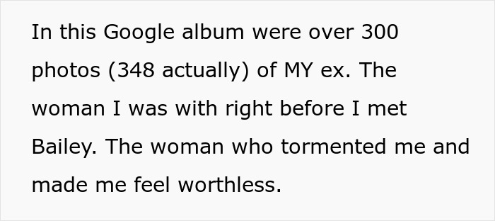 Text revealing husband's shock at wife's nine-year obsession with his ex.