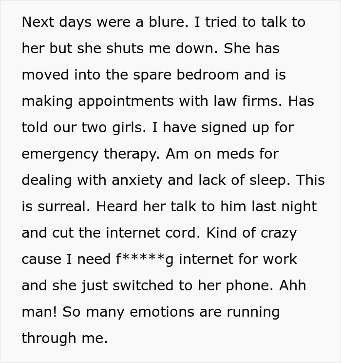 Text discussing a strained marriage, revealing secrets, emotional turmoil, and seeking therapy. Text discussing a strained marriage, revealing secrets, emotional turmoil, and seeking therapy.