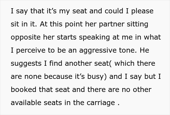 Text describing a dispute over a prepaid train seat with an aggressive tone from a seated partner.