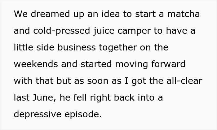 Text describing a couple's plan for a juice business, highlighting marital challenges.