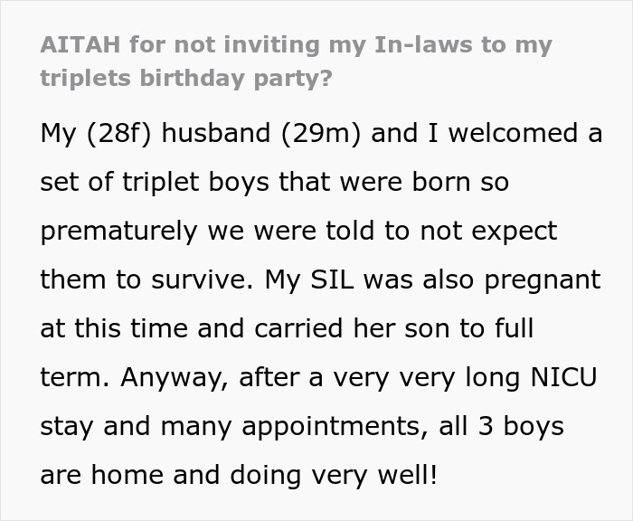 Grandparents Favor Daughter's Kid Over Son's Triplets, So Wife Cancels B-Day Invite