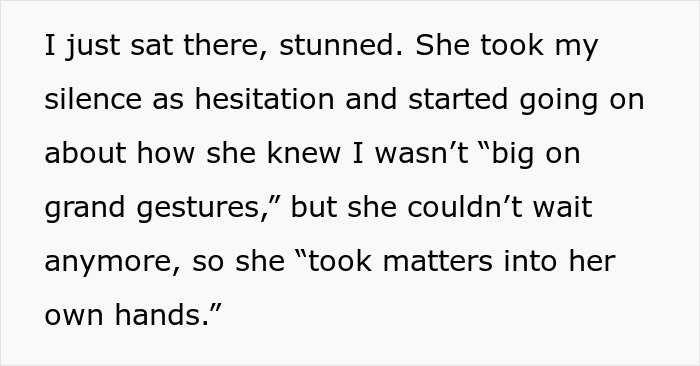 Text excerpt about a woman's unique proposal to herself during her boyfriend's birthday.