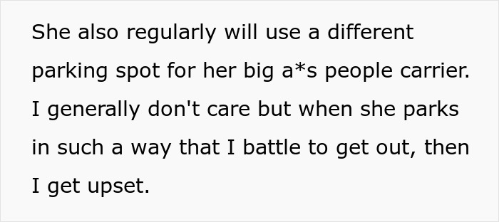 Text discussing HOA chair&rsquo;s wife's parking habits and neighbor&rsquo;s frustration.
