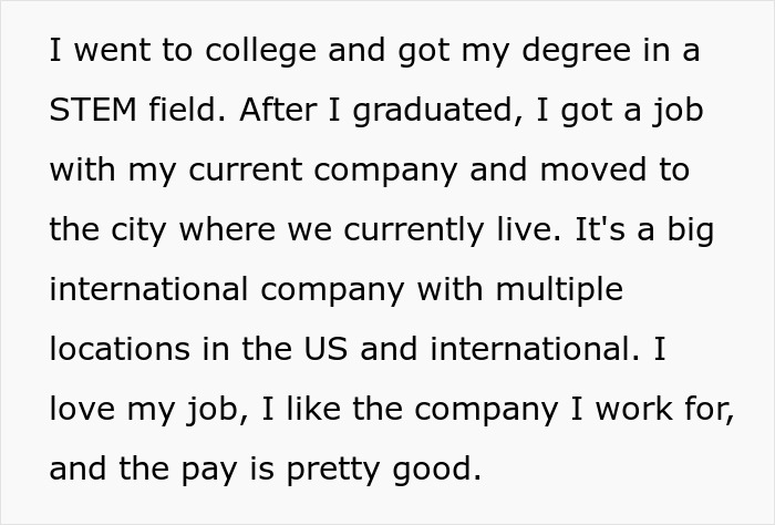 Text about a woman who graduated in STEM, started a job, and is content with her international company. Text about a woman who graduated in STEM, started a job, and is content with her international company.