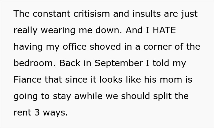 Text describing a woman exhausted by constant criticism and suggesting splitting rent three ways due to MIL. Text describing a woman exhausted by constant criticism and suggesting splitting rent three ways due to MIL.