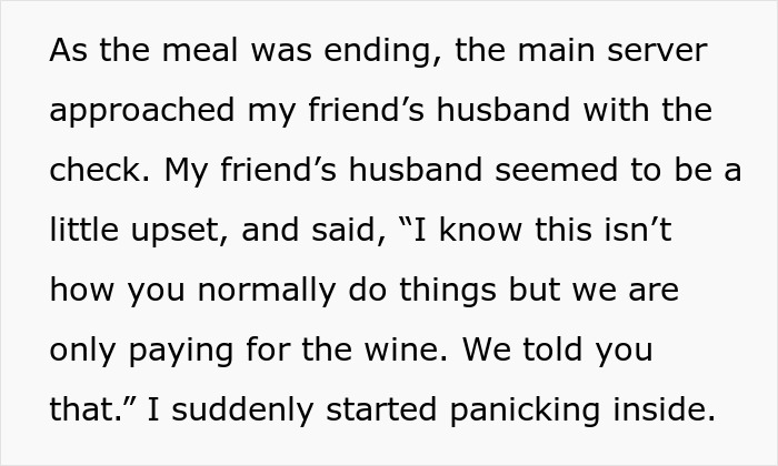 Text describing a friend's financial nightmare at a fancy dinner party over a $200 bill dispute with the server. Text describing a friend's financial nightmare at a fancy dinner party over a $200 bill dispute with the server.
