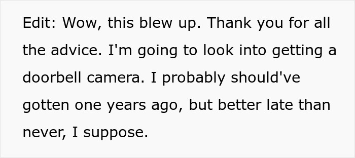 Text post about getting a doorbell camera as advice for package issues in the neighborhood.