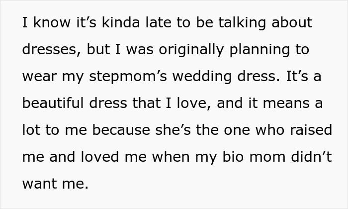 Text about a bride planning to wear her stepmom's wedding dress with sentimental value. Text about a bride planning to wear her stepmom's wedding dress with sentimental value.