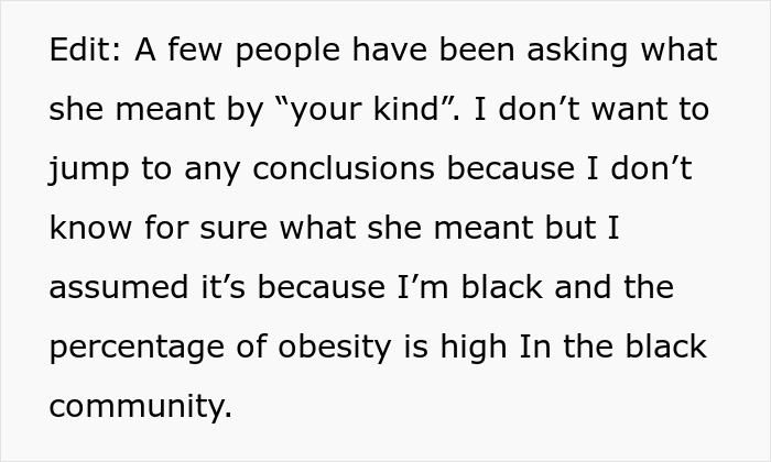 Text discussing assumptions about a comment related to race and obesity percentages. Text discussing assumptions about a comment related to race and obesity percentages.