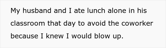Text image about a woman eating lunch alone with her husband to avoid a nosy coworker. Text image about a woman eating lunch alone with her husband to avoid a nosy coworker.