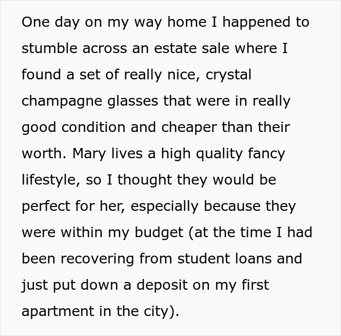 Text describes woman finding budget-friendly fancy glasses at an estate sale for a friend.