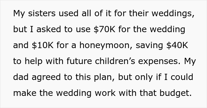 Text discussing a $70K wedding budget plan to save $40K, with family agreement based on budget feasibility. Text discussing a $70K wedding budget plan to save $40K, with family agreement based on budget feasibility.