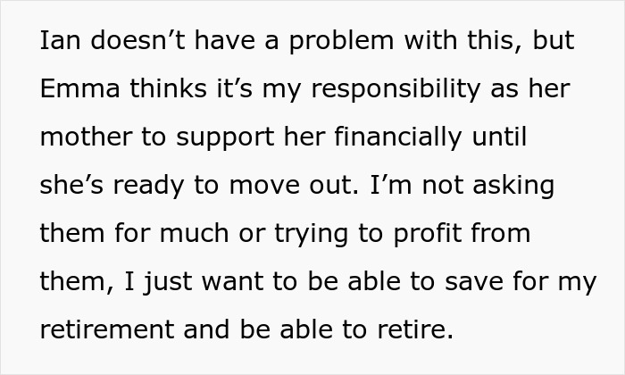 Text discussing a mom asking adult children to contribute to rent; one daughter insists it's mom's job to support her.