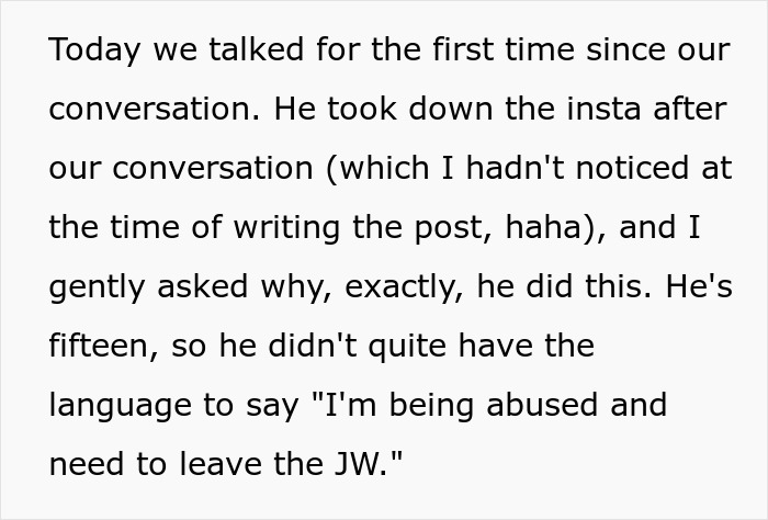 Text discusses deleting Instagram, conversation on leaving JW, and issues faced.