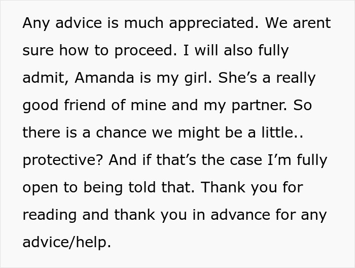 Text discussing advice on whether Amanda's friends are overprotective in relationship. Text discussing advice on whether Amanda's friends are overprotective in relationship.