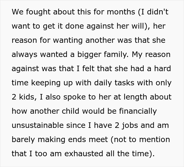 Text about a husband's perspective on family size, vasectomy, and financial strain with four kids.
