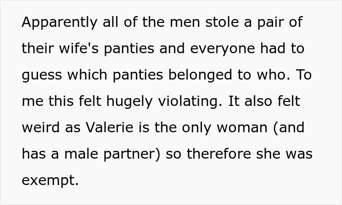 Text describing a coworkers' game involving wives' belongings, leaving the wife uncomfortable and unable to face her husband.