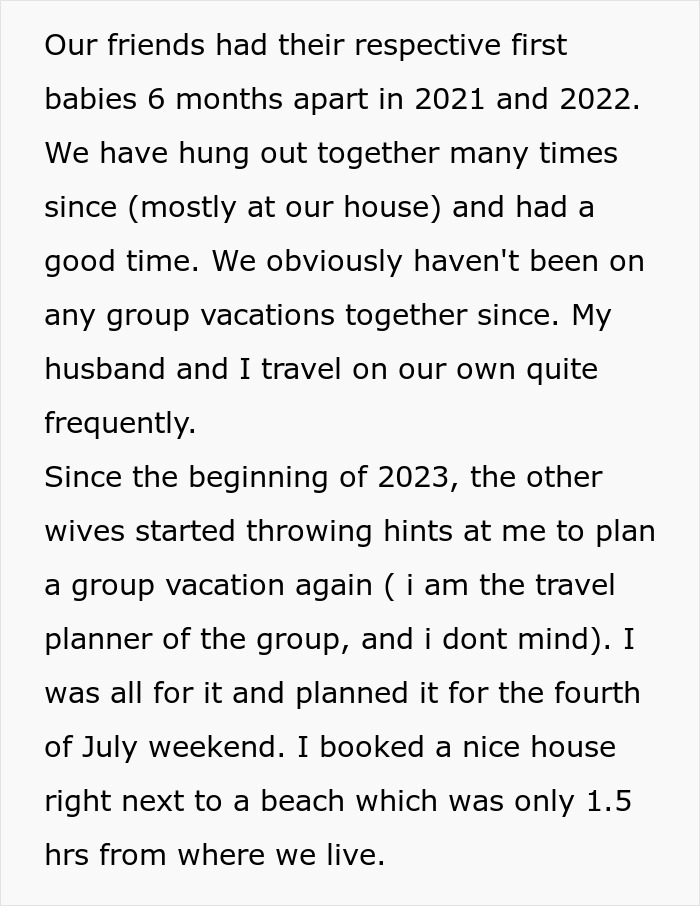 Text describing a vacation plan with friends, addressing roles as nanny and cook.