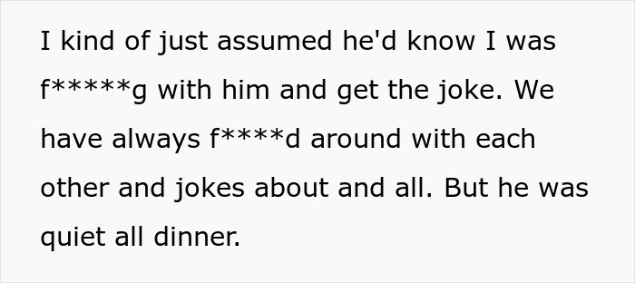 Text about a funny prank on an anti-woke cousin, highlighting their usual banter but noting his quiet reaction at dinner. Text about a funny prank on an anti-woke cousin, highlighting their usual banter but noting his quiet reaction at dinner.
