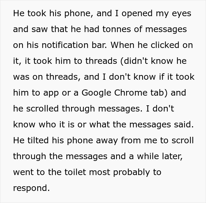 Text about a husband with many phone notifications while on an overseas trip and a pregnant wife observing him.