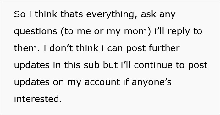 Text discussing questions and updates on an account, related to parents volunteering a daughter as a babysitter.