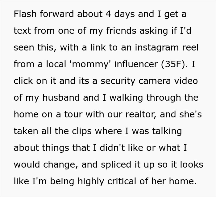 Text describing a couple’s home tour secretly recorded and shared, causing embarrassment. Text describing a couple’s home tour secretly recorded and shared, causing embarrassment.