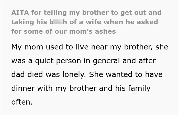 Text conversation about family conflict over mother's ashes and brother's wife. Text conversation about family conflict over mother's ashes and brother's wife.