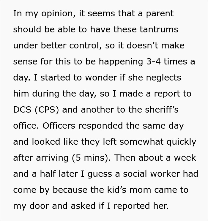Text discussing a report made to CPS on a mother due to her toddler's frequent tantrums.